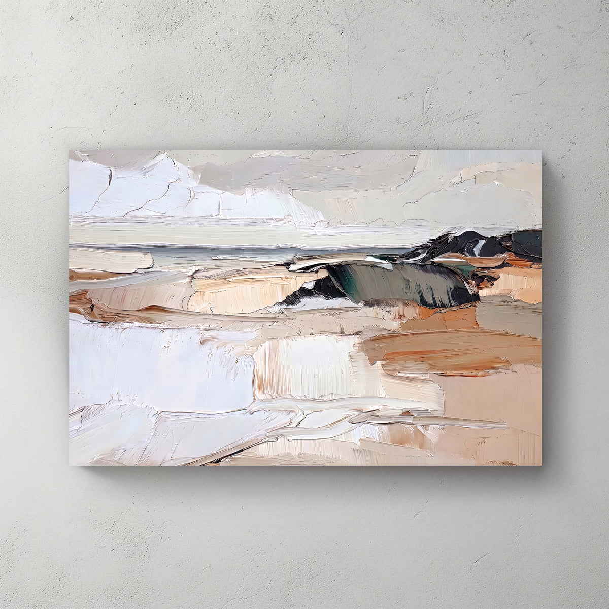 abstract coastal wall art in muted earth tones with thick textured brushstrokes
