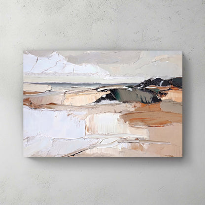 abstract coastal wall art in muted earth tones with thick textured brushstrokes