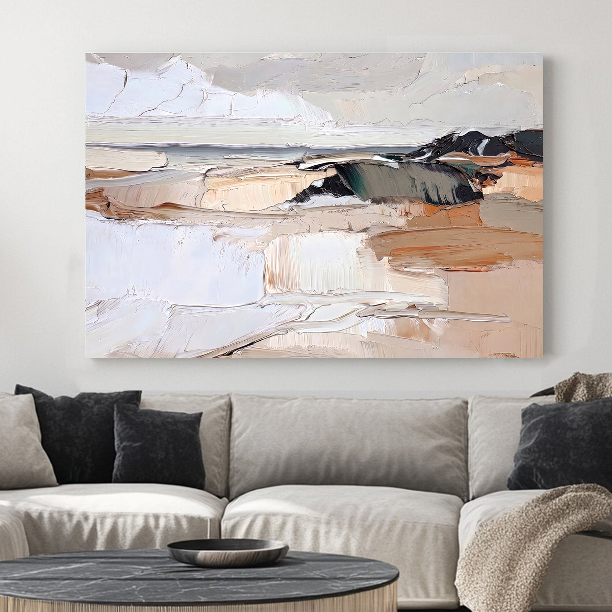 abstract coastal wall art in muted earth tones with thick textured brushstrokes