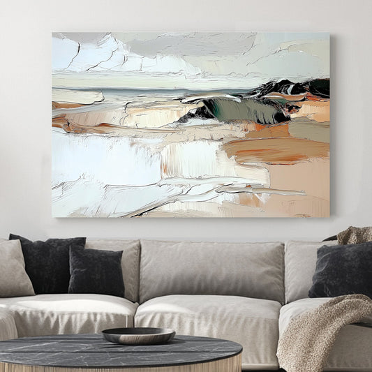 abstract coastal wall art in muted earth tones with thick textured brushstrokes