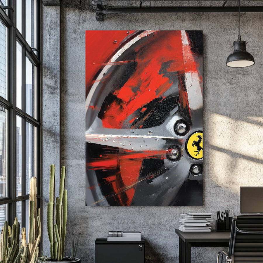 Ferrari-themed abstract car wall art with red and black textures