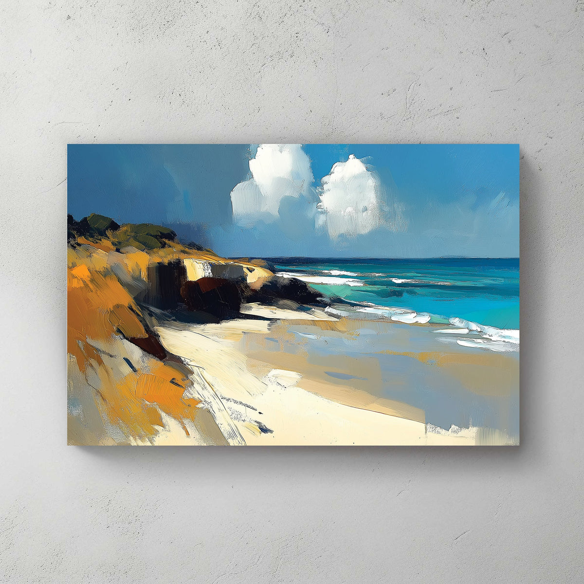 abstract beach landscape wall art with golden cliffs and blue ocean