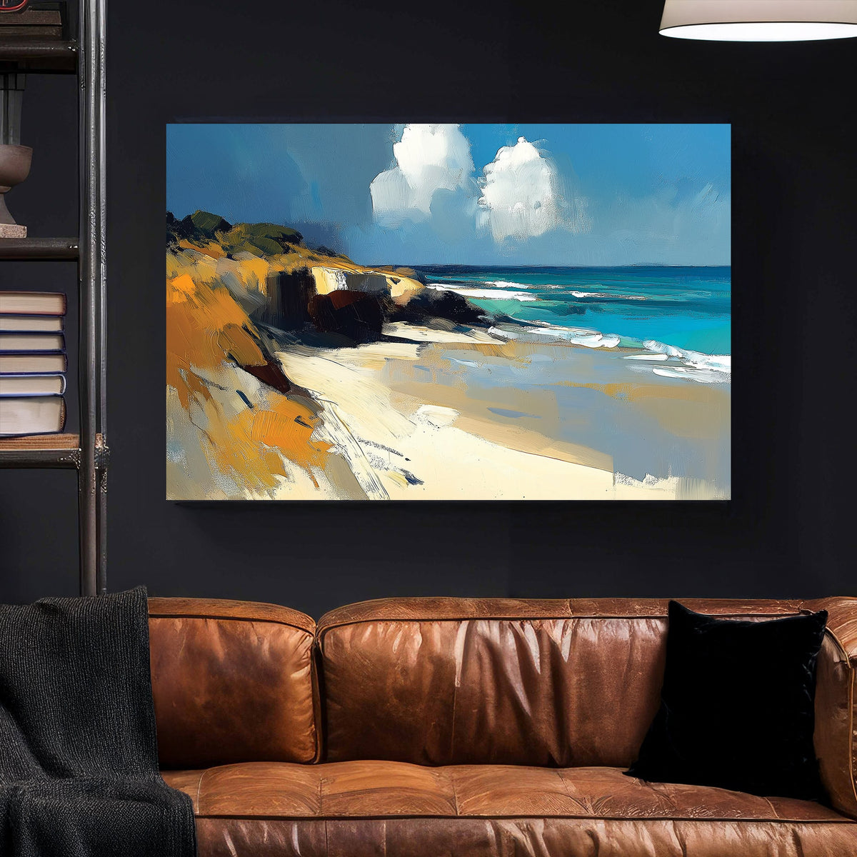 abstract beach landscape wall art with golden cliffs and blue ocean