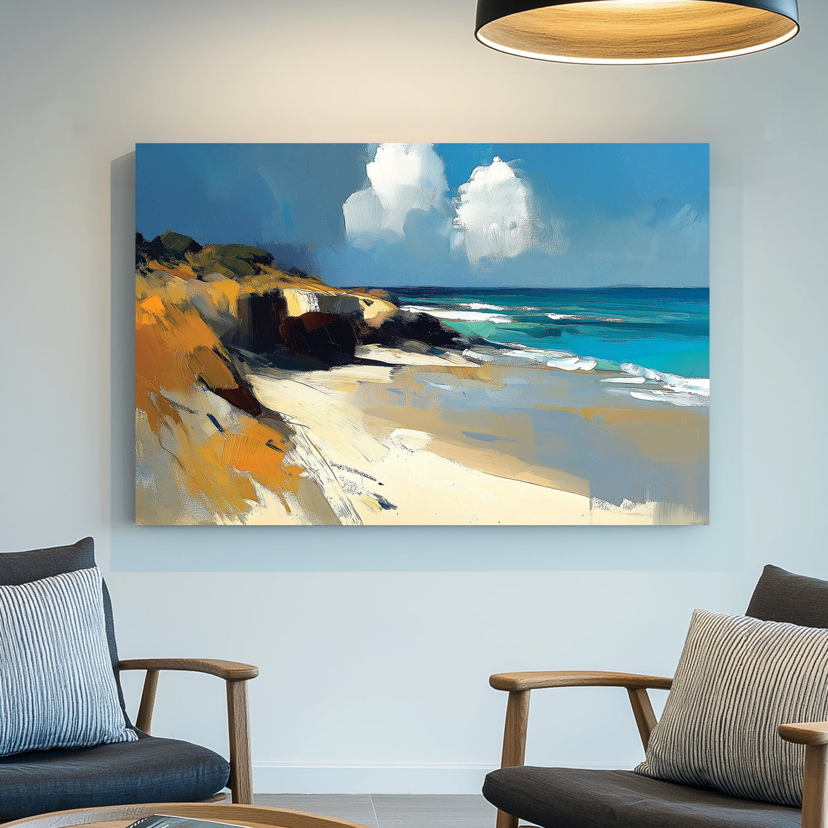 abstract beach landscape wall art with golden cliffs and blue ocean