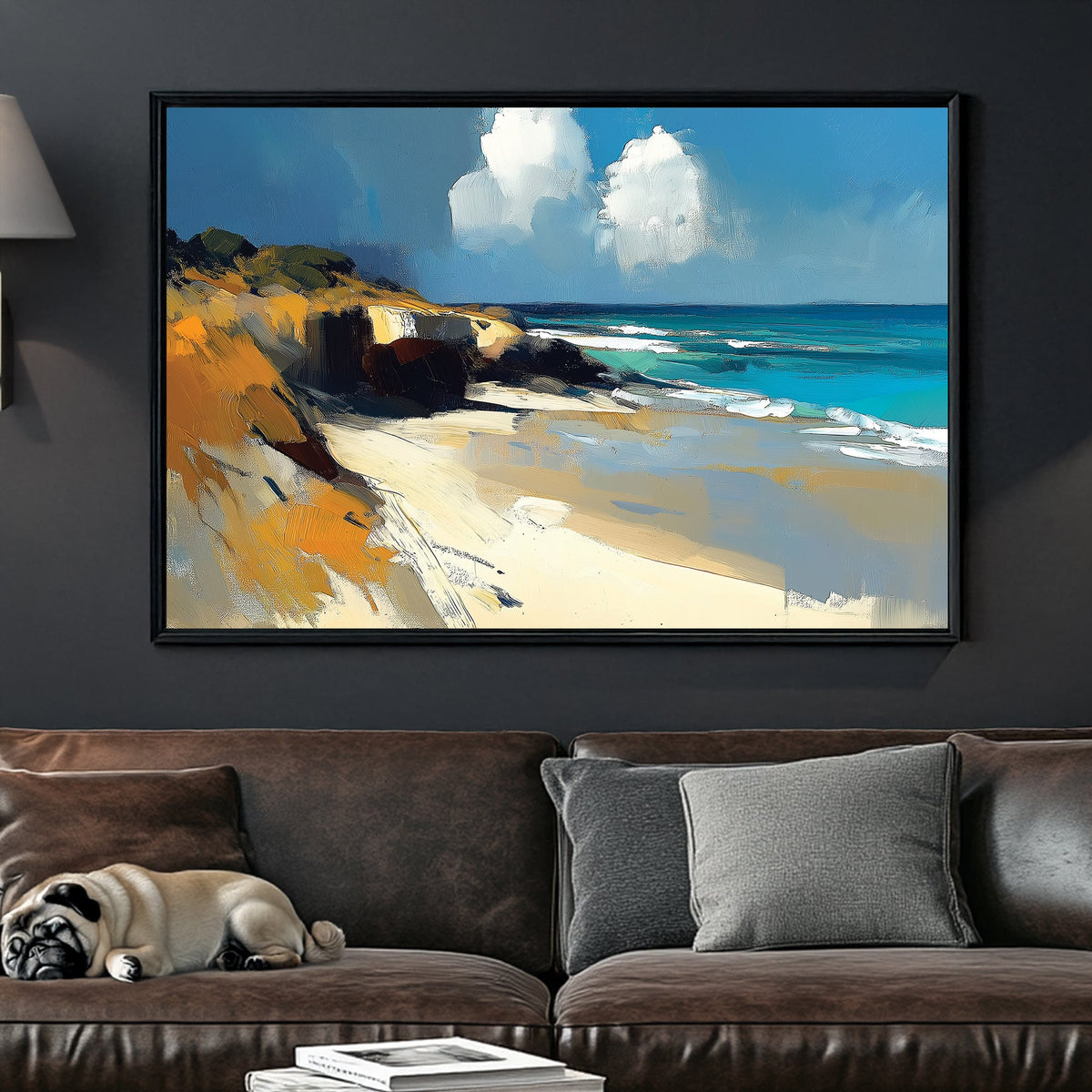 abstract beach landscape wall art with golden cliffs and blue ocean
