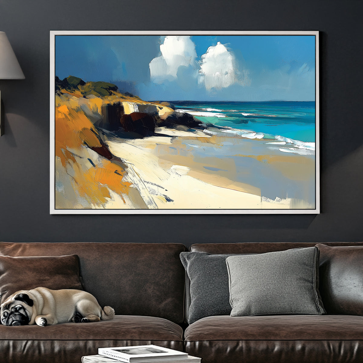 abstract beach landscape wall art with golden cliffs and blue ocean