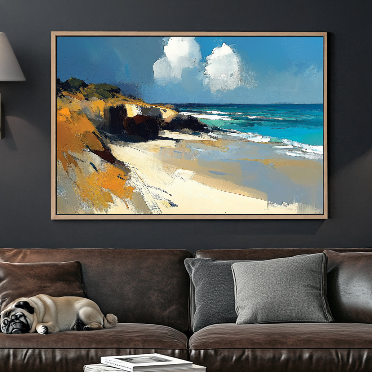 abstract beach landscape wall art with golden cliffs and blue ocean