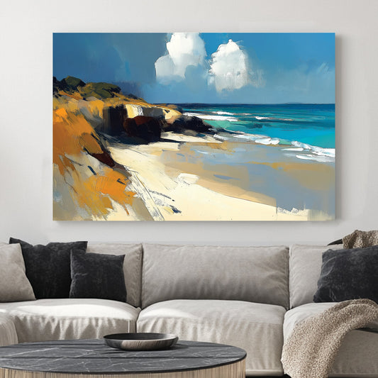 abstract beach landscape wall art with golden cliffs and blue ocean