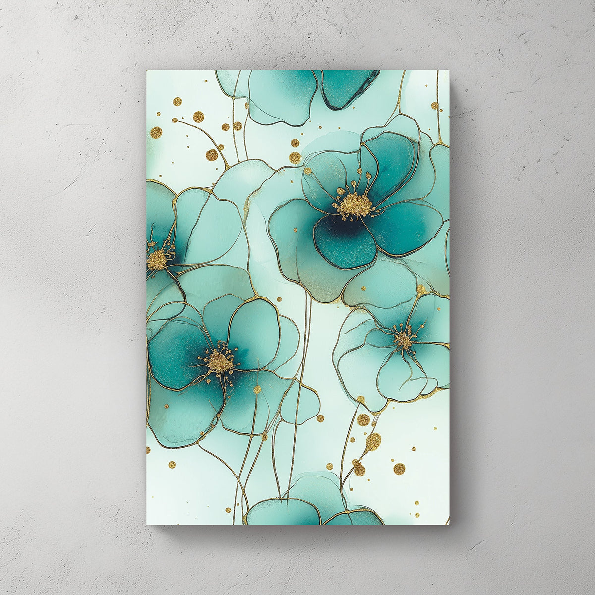 teal floral wall art with gold accents on mint green background