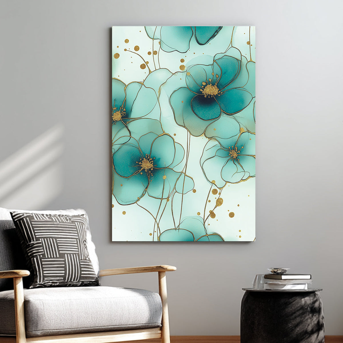 teal floral wall art with gold accents on mint green background