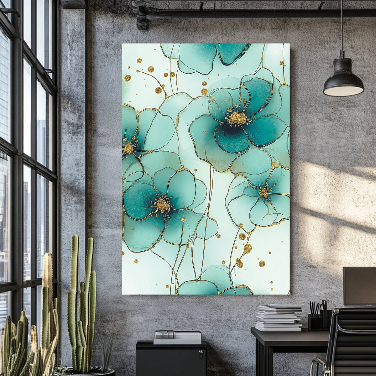 teal floral wall art with gold accents on mint green background