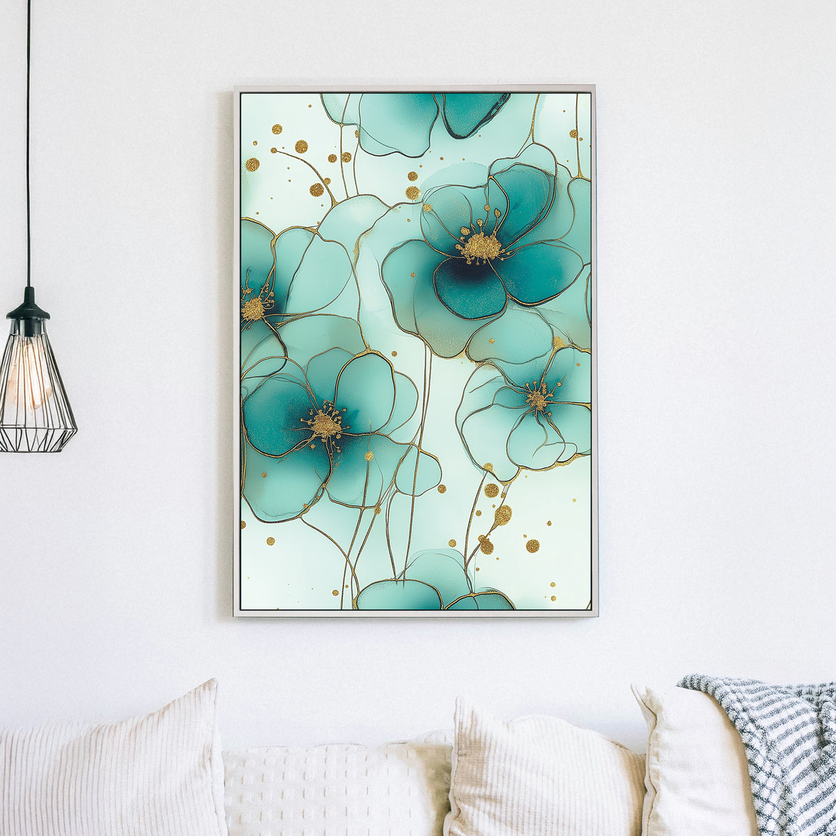 teal floral wall art with gold accents on mint green background