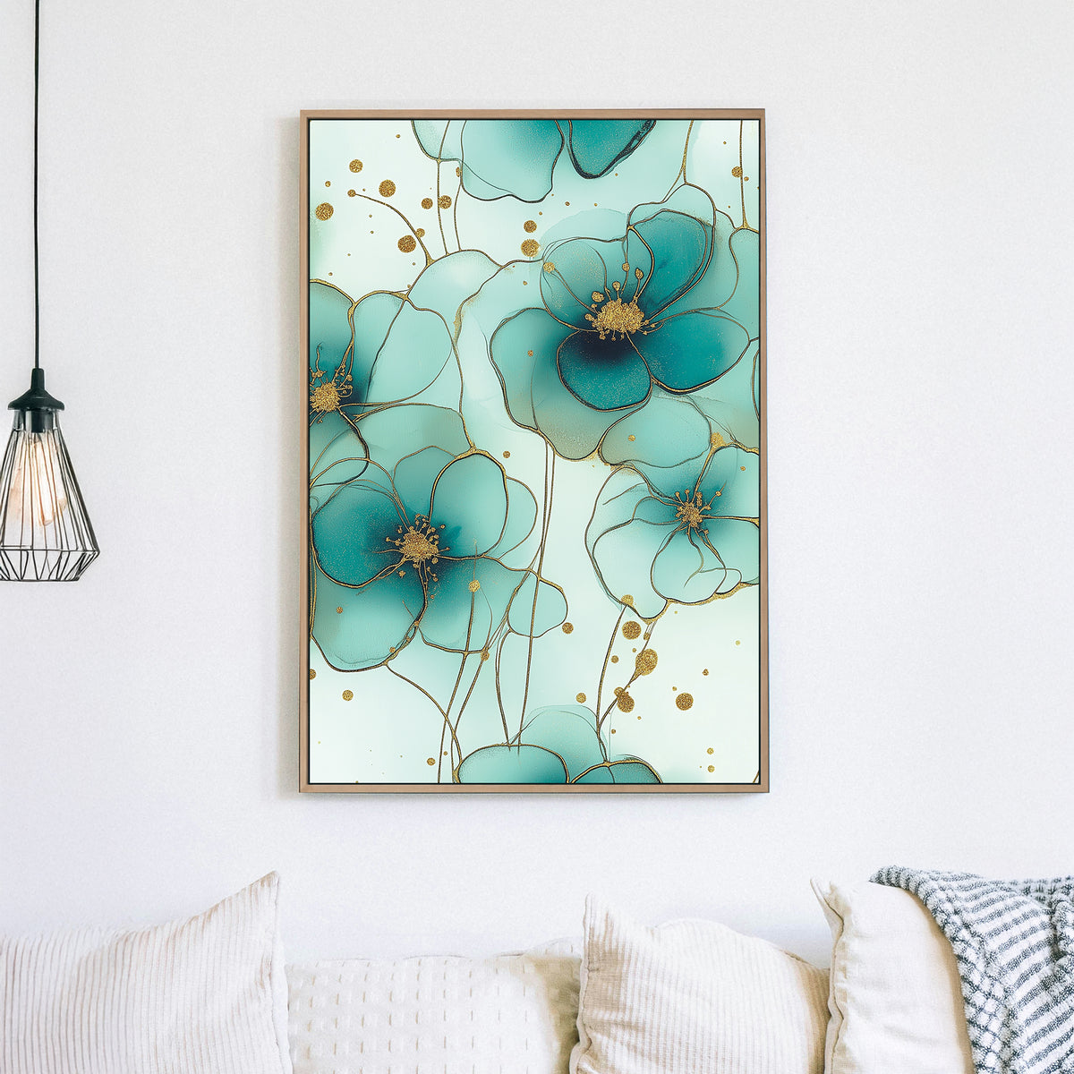 teal floral wall art with gold accents on mint green background
