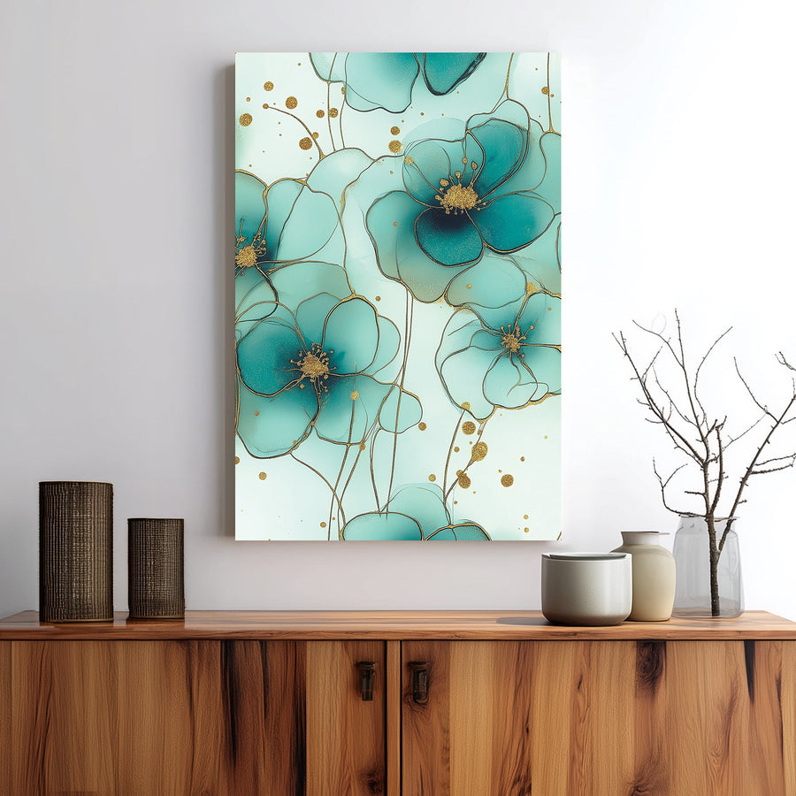 teal floral wall art with gold accents on mint green background