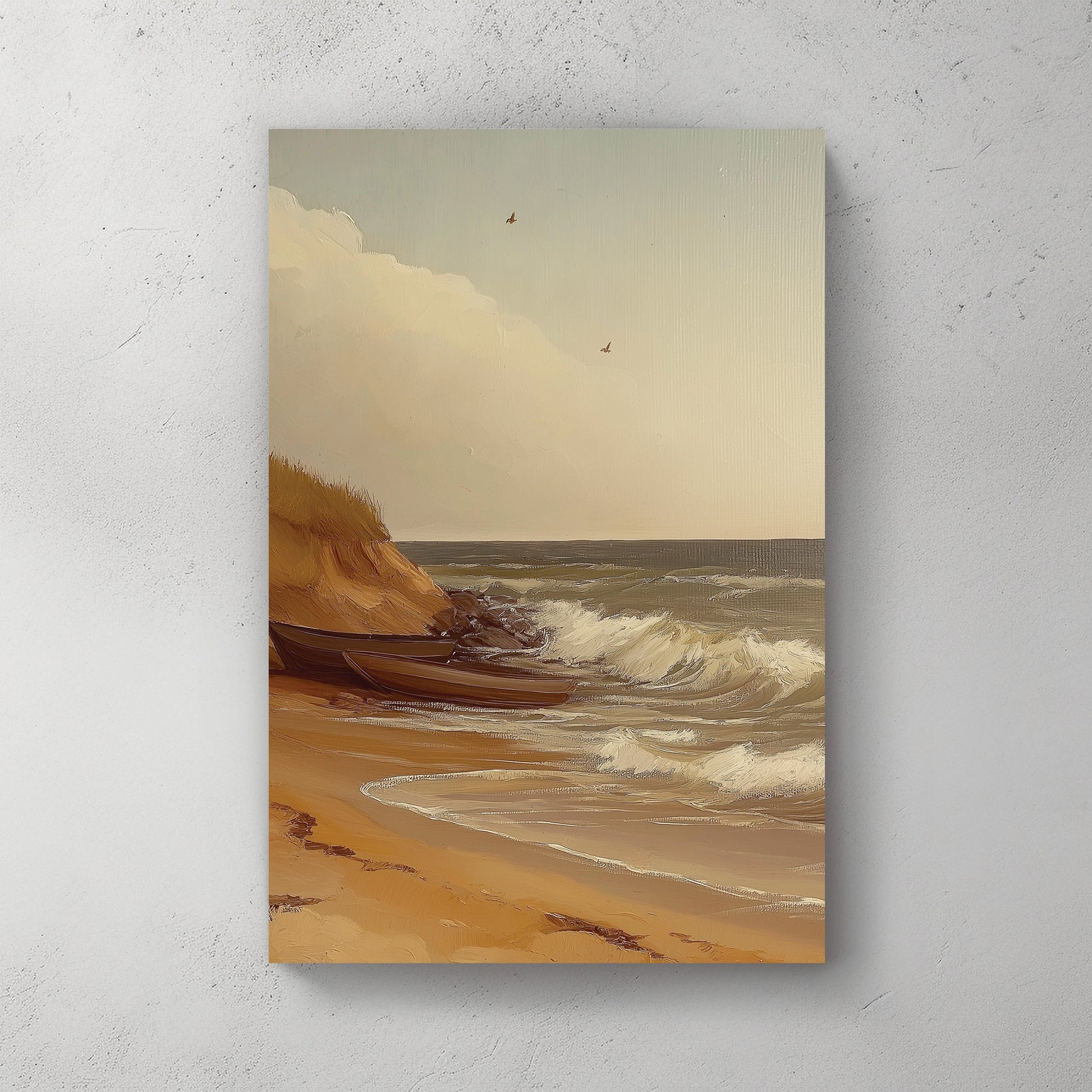 vintage coastal wall art with boats on sandy beach and ocean waves