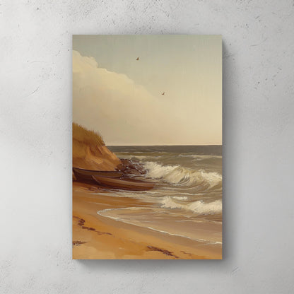 vintage coastal wall art with boats on sandy beach and ocean waves