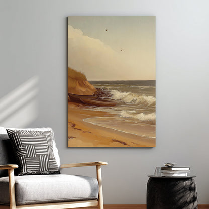 vintage coastal wall art with boats on sandy beach and ocean waves