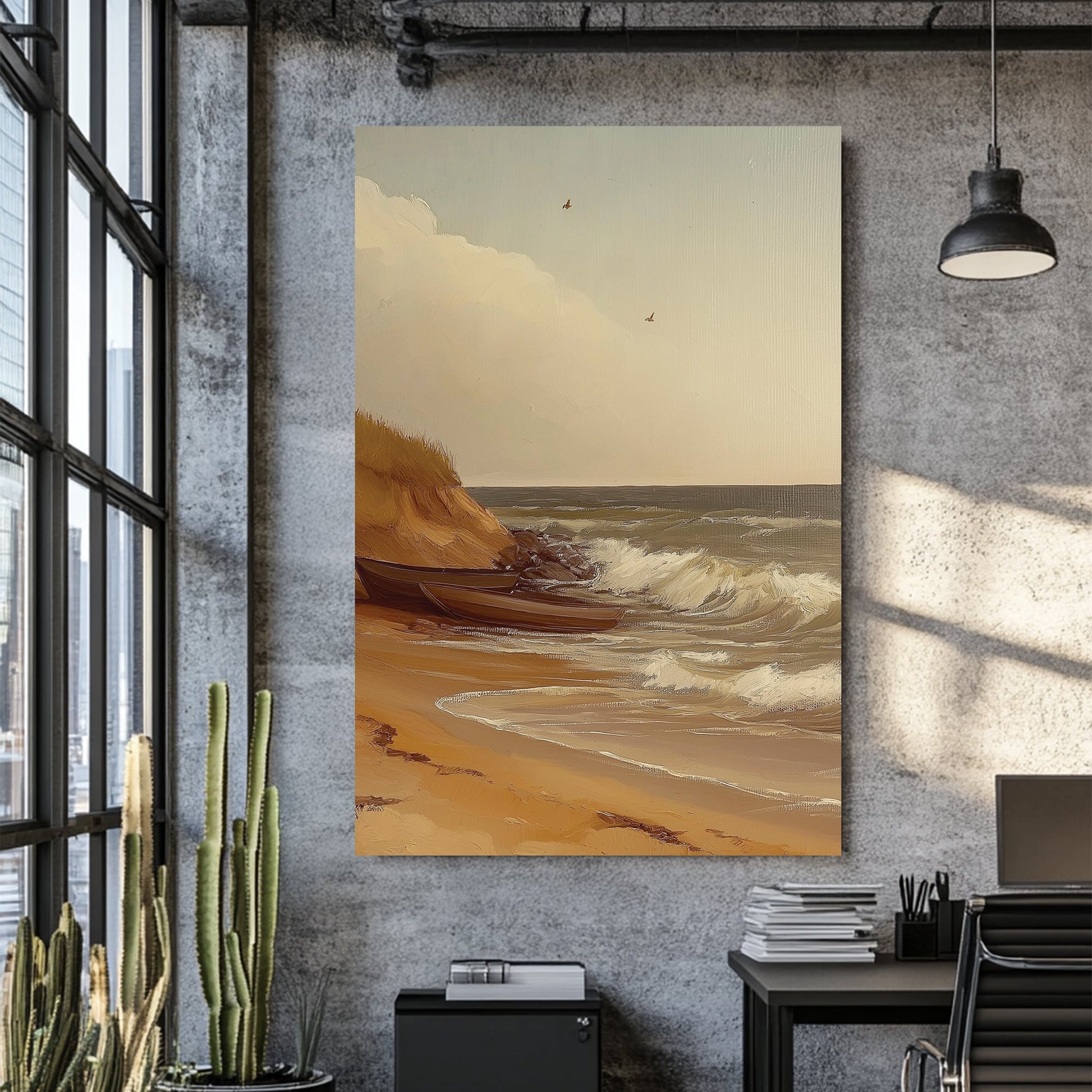 vintage coastal wall art with boats on sandy beach and ocean waves
