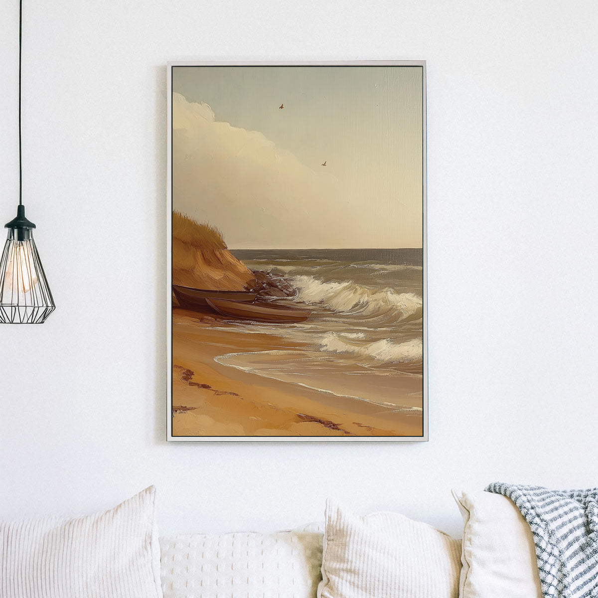 vintage coastal wall art with boats on sandy beach and ocean waves
