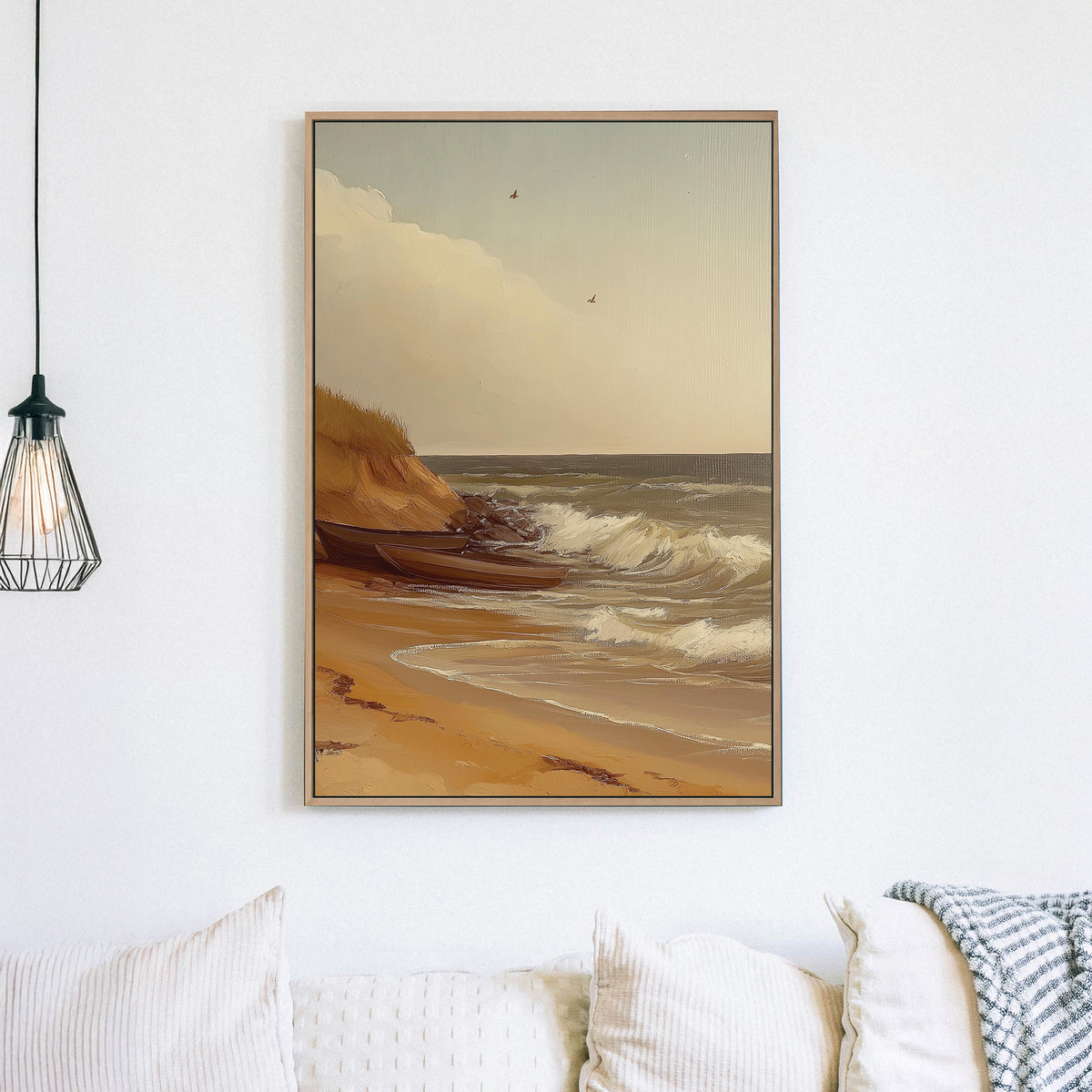 vintage coastal wall art with boats on sandy beach and ocean waves