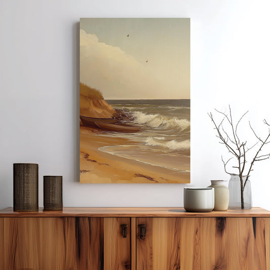 vintage coastal wall art with boats on sandy beach and ocean waves