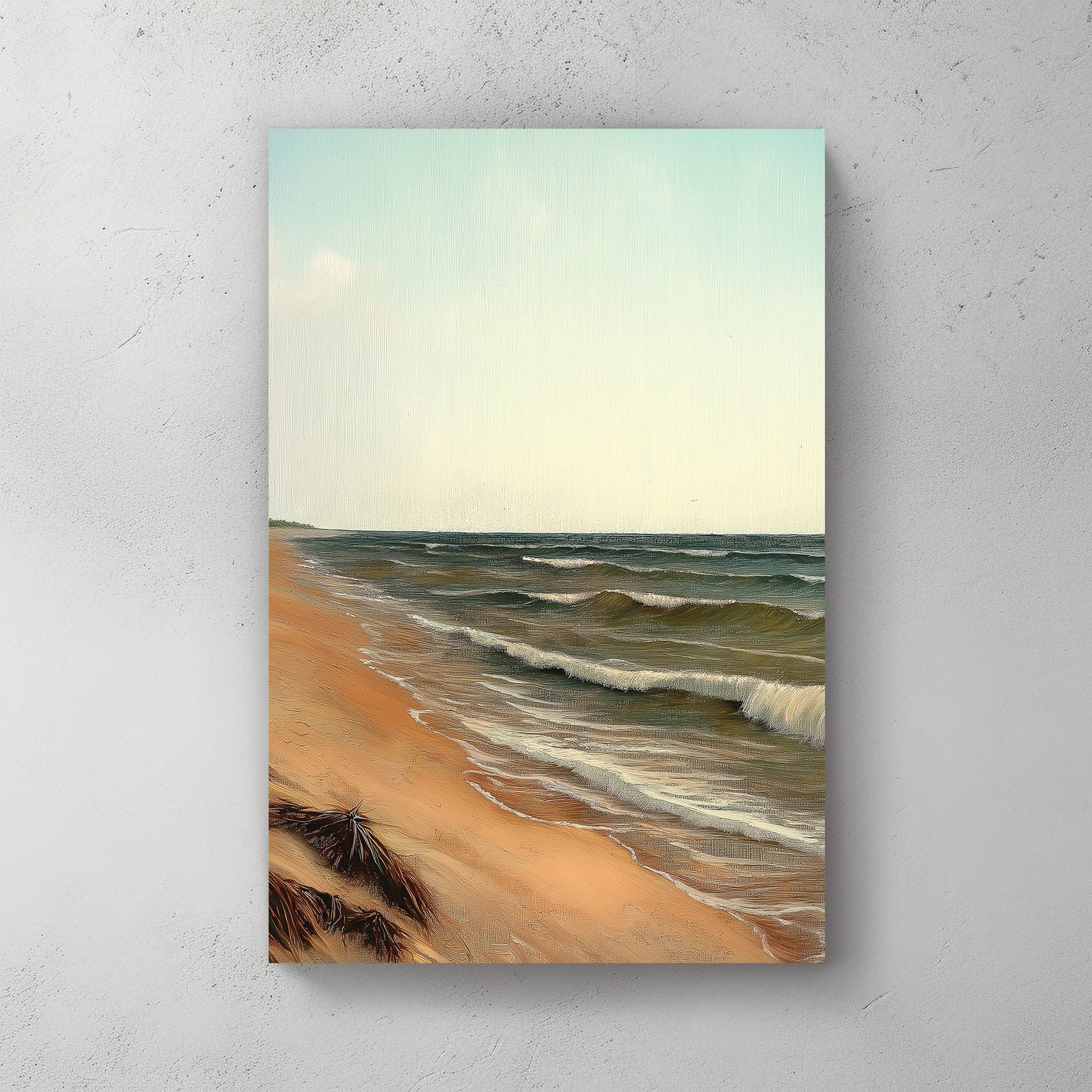 peaceful beach wall art with ocean waves and soft pastel sky