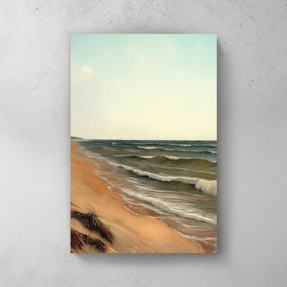 peaceful beach wall art with ocean waves and soft pastel sky
