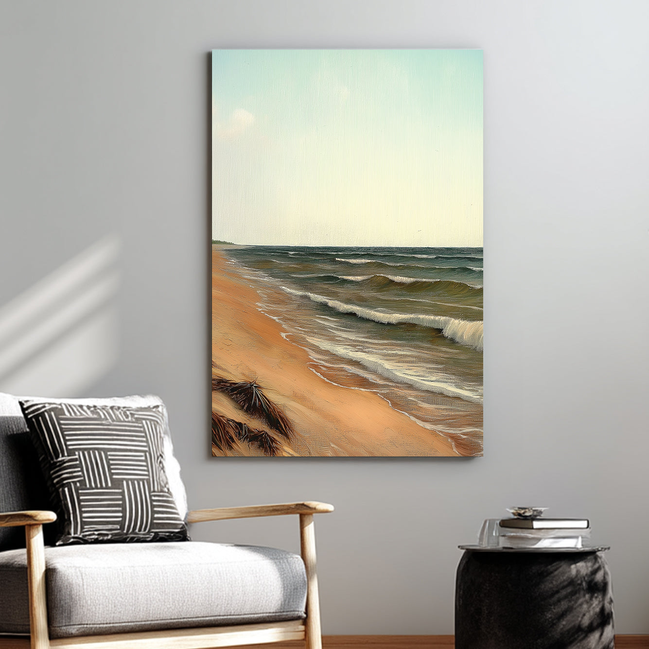 peaceful beach wall art with ocean waves and soft pastel sky