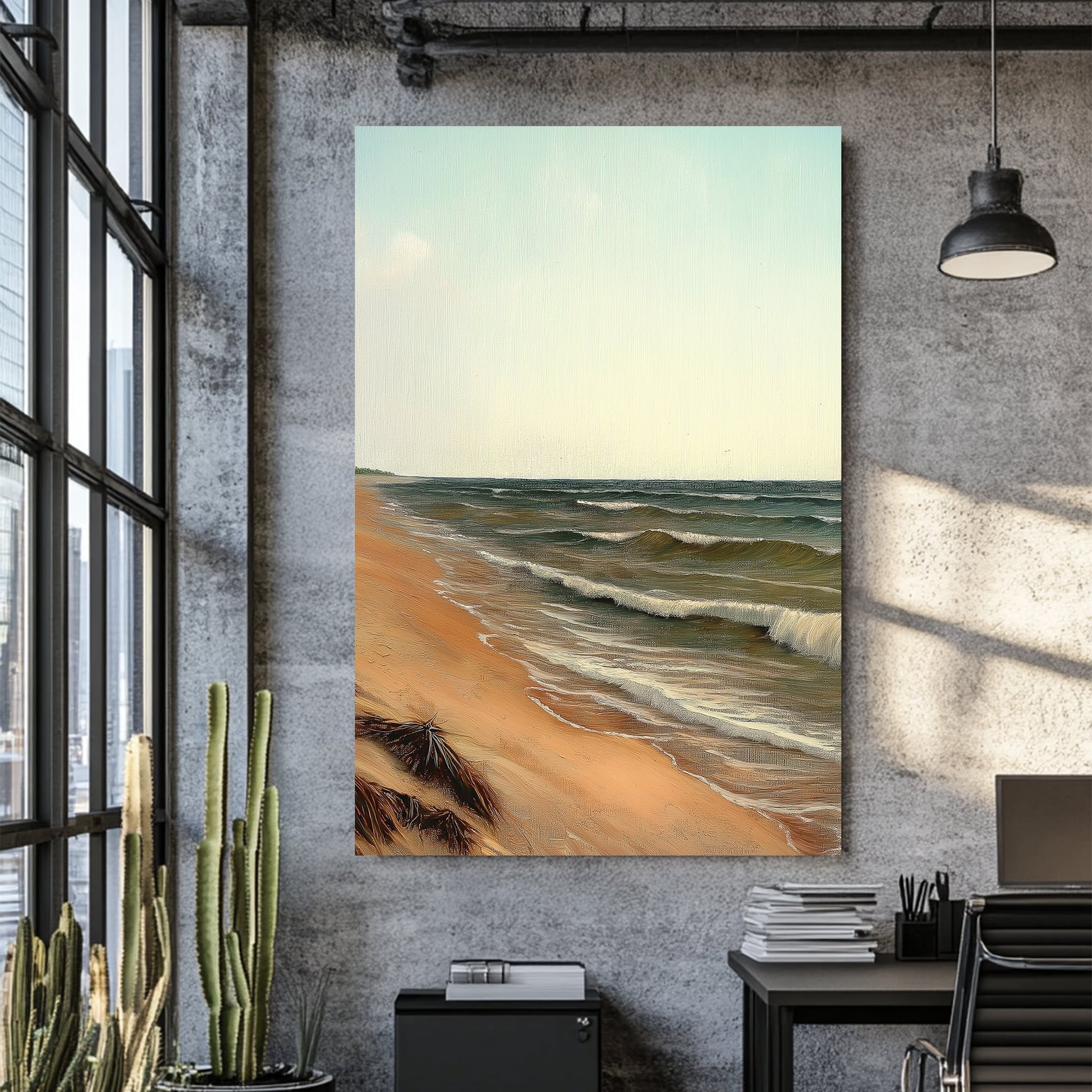 peaceful beach wall art with ocean waves and soft pastel sky