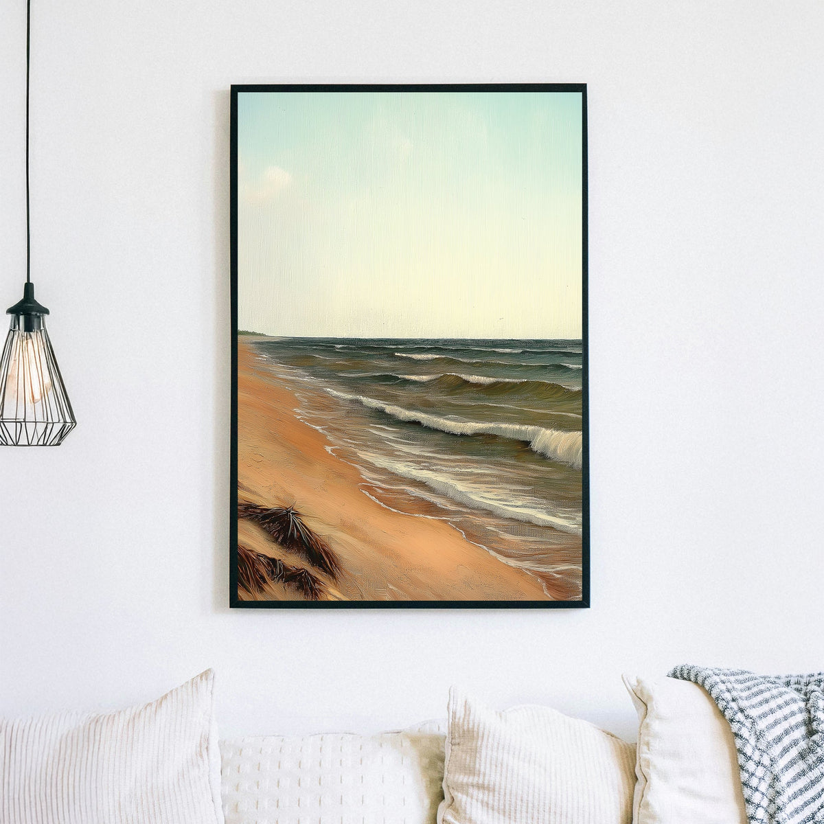 peaceful beach wall art with ocean waves and soft pastel sky