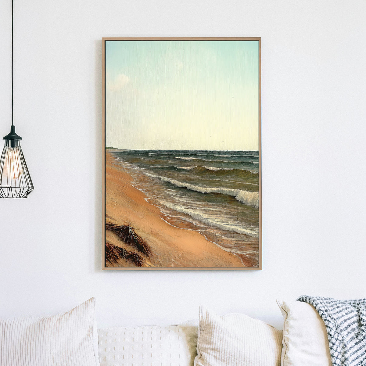 peaceful beach wall art with ocean waves and soft pastel sky