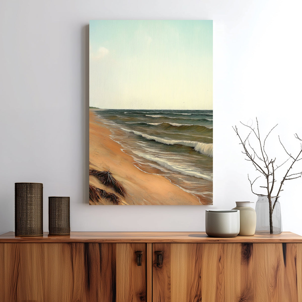 peaceful beach wall art with ocean waves and soft pastel sky