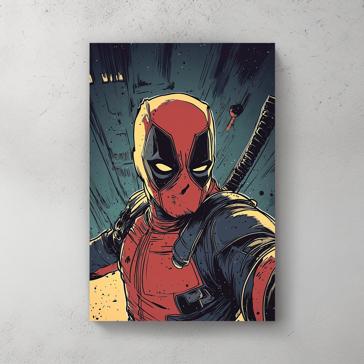 comic-style wall art of red-suited anti-hero with katana