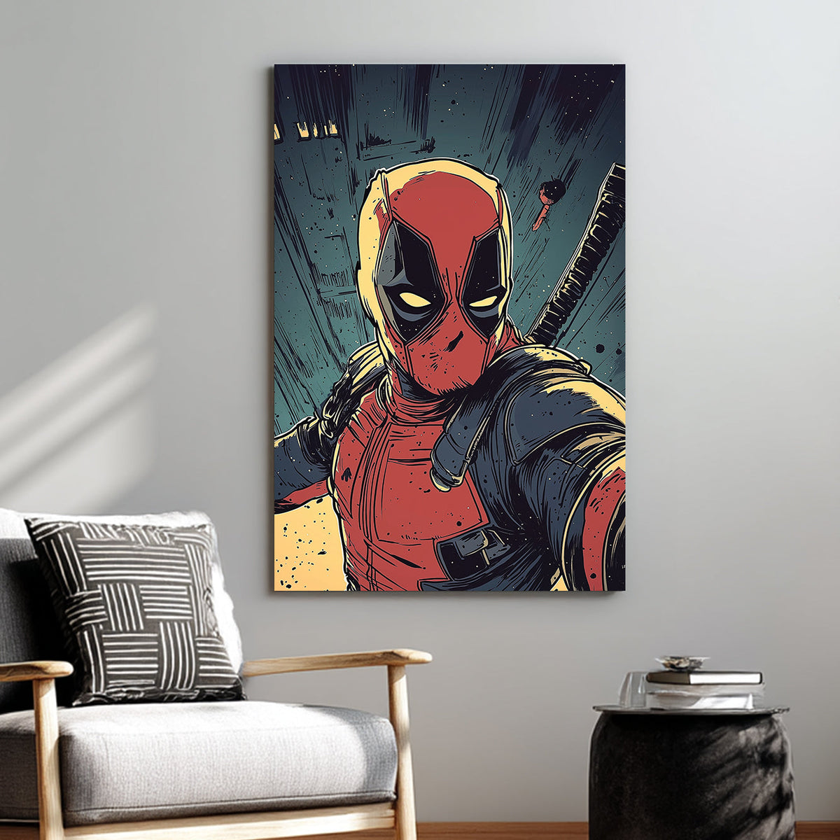 comic-style wall art of red-suited anti-hero with katana