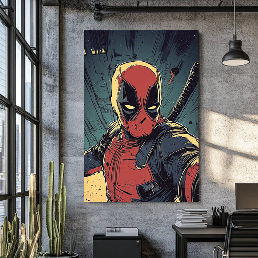 comic-style wall art of red-suited anti-hero with katana