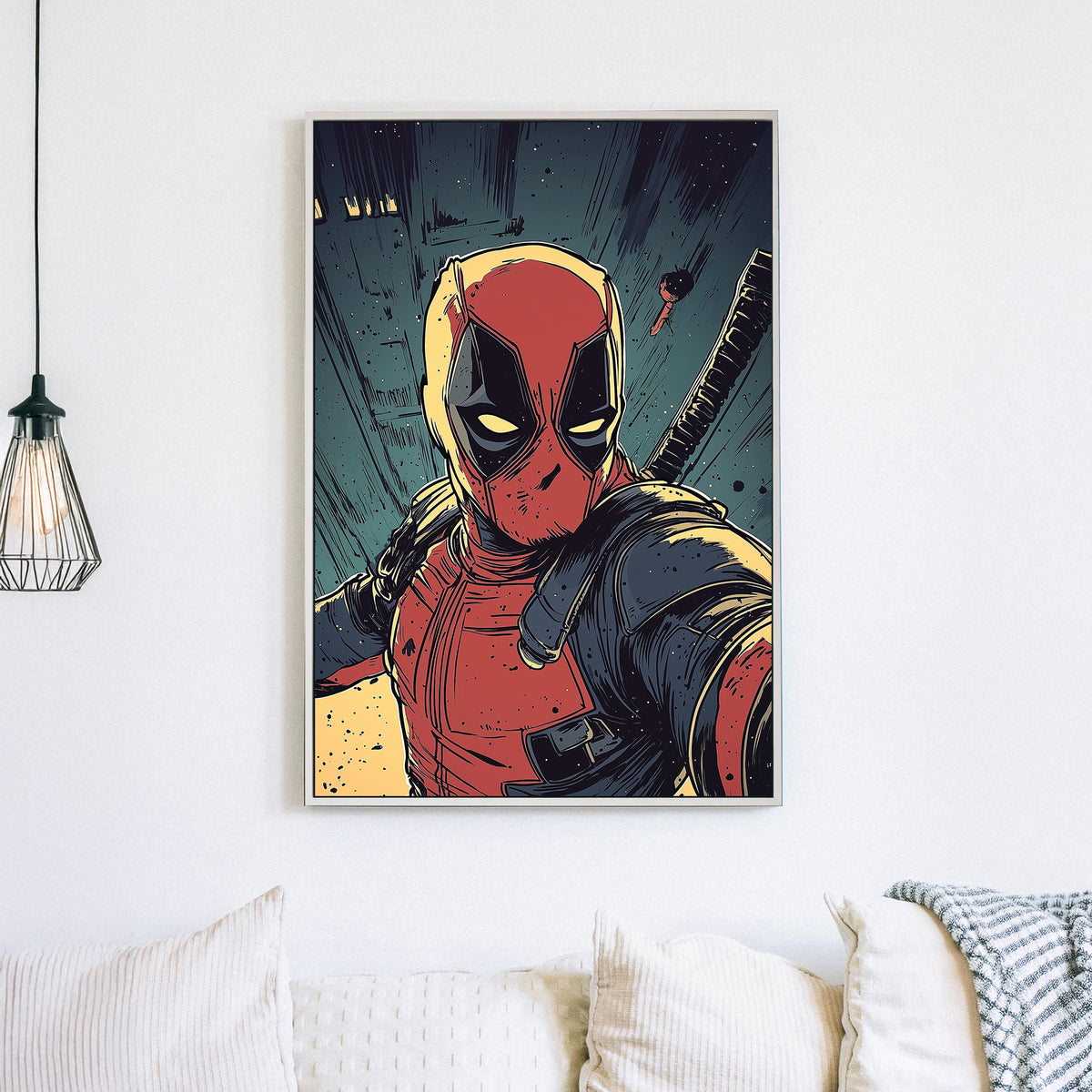 comic-style wall art of red-suited anti-hero with katana