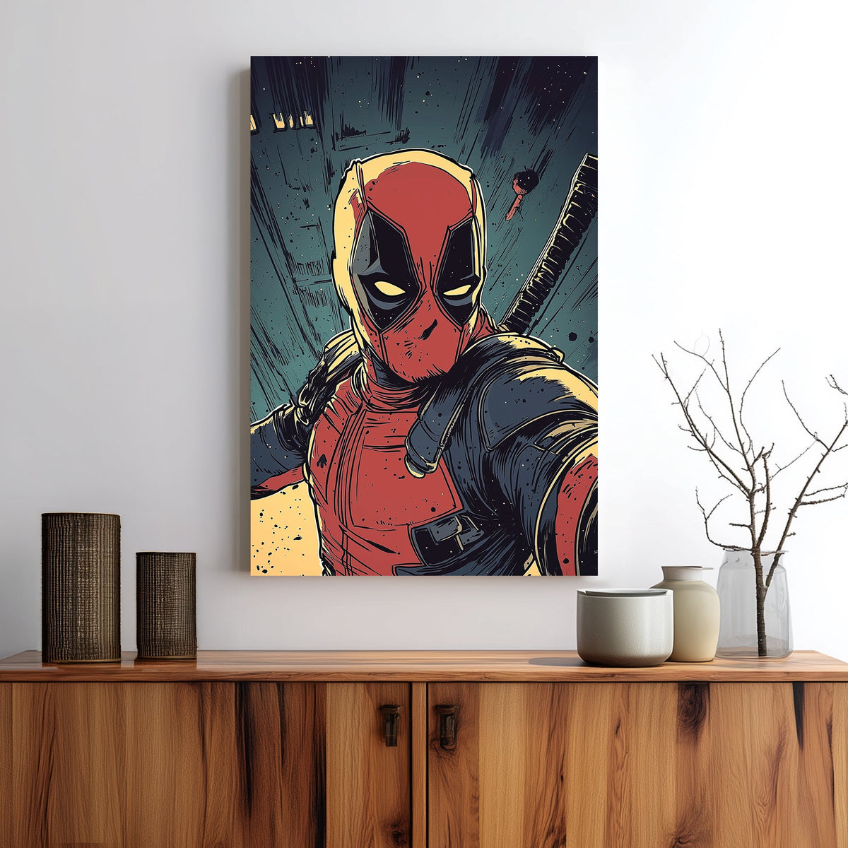 comic-style wall art of red-suited anti-hero with katana