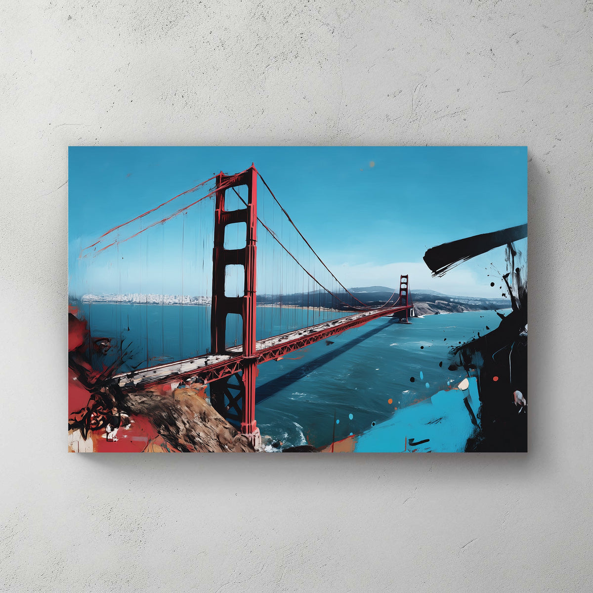 Golden Gate Bridge wall art with abstract brushstroke accents