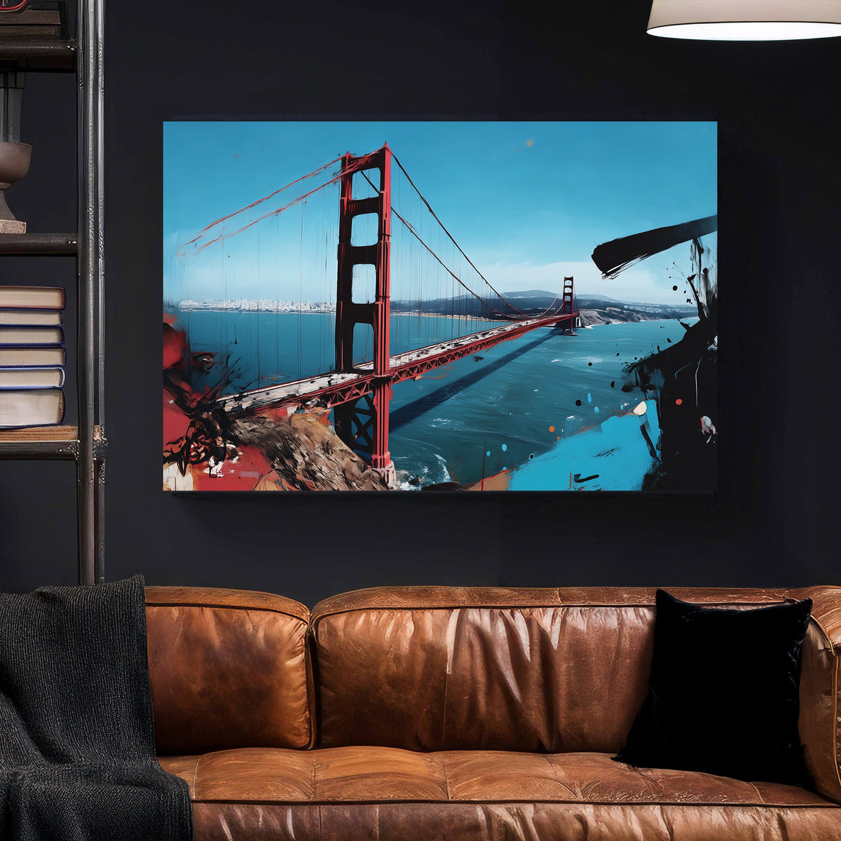 Golden Gate Bridge wall art with abstract brushstroke accents