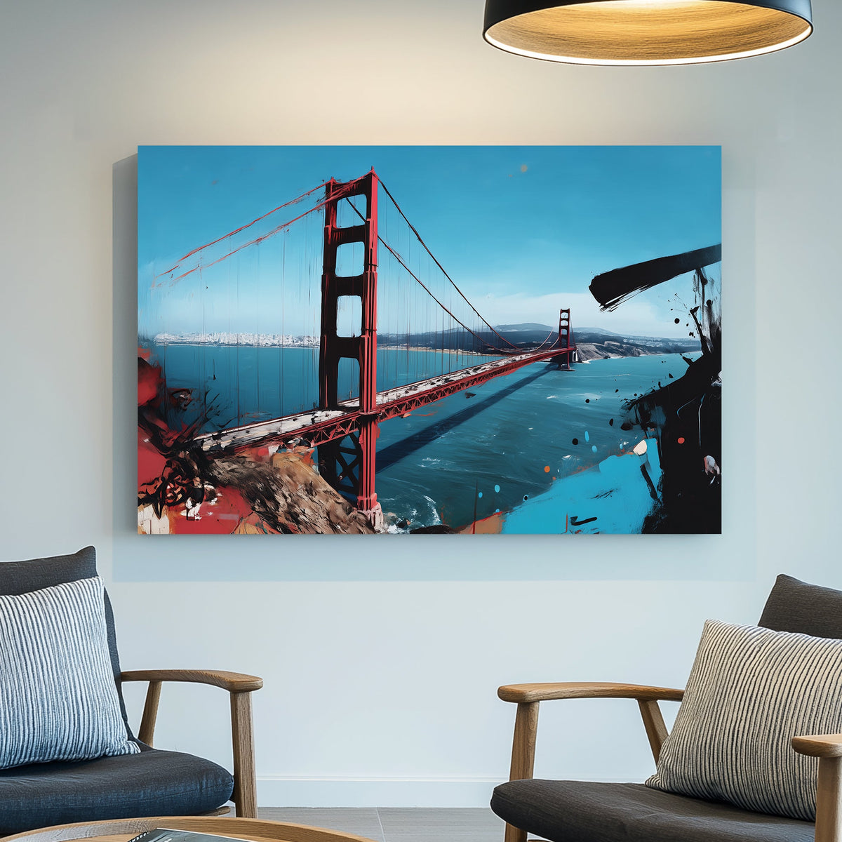 Golden Gate Bridge wall art with abstract brushstroke accents
