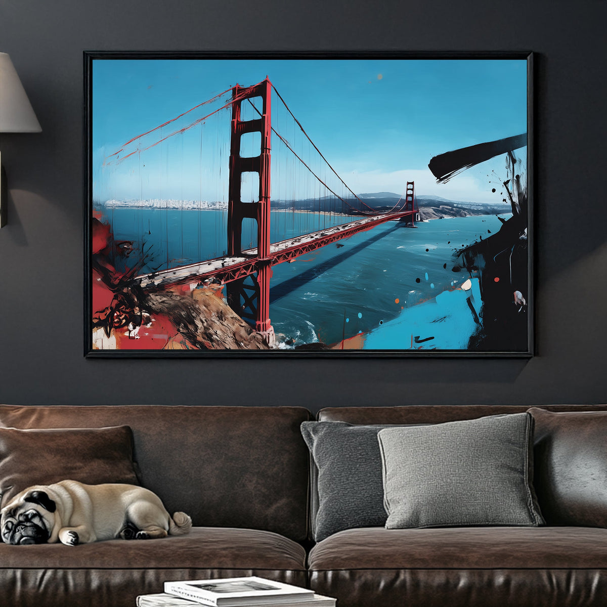 Golden Gate Bridge wall art with abstract brushstroke accents