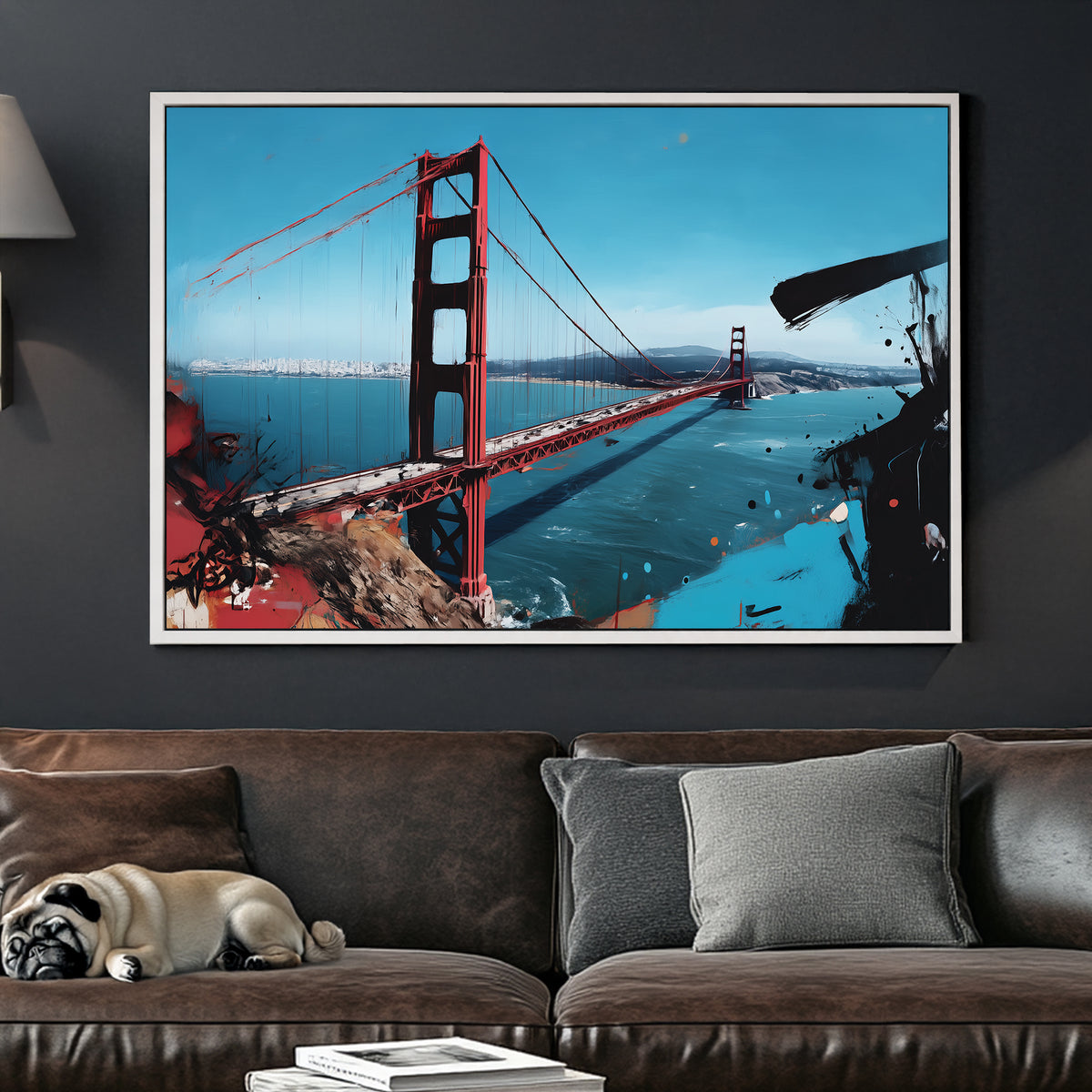 Golden Gate Bridge wall art with abstract brushstroke accents