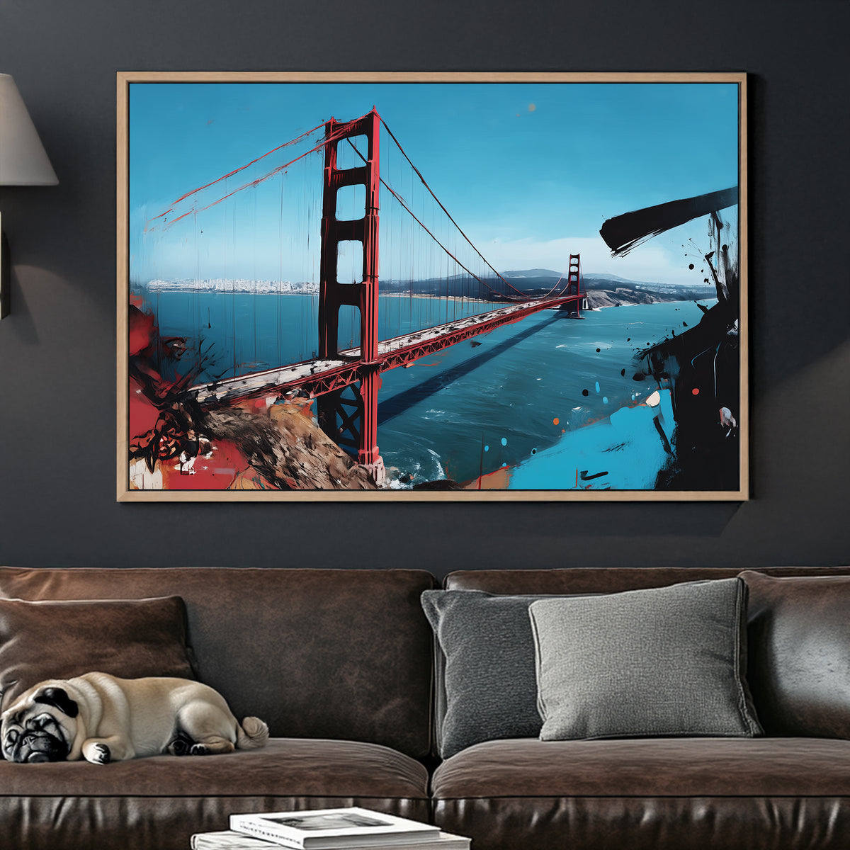 Golden Gate Bridge wall art with abstract brushstroke accents