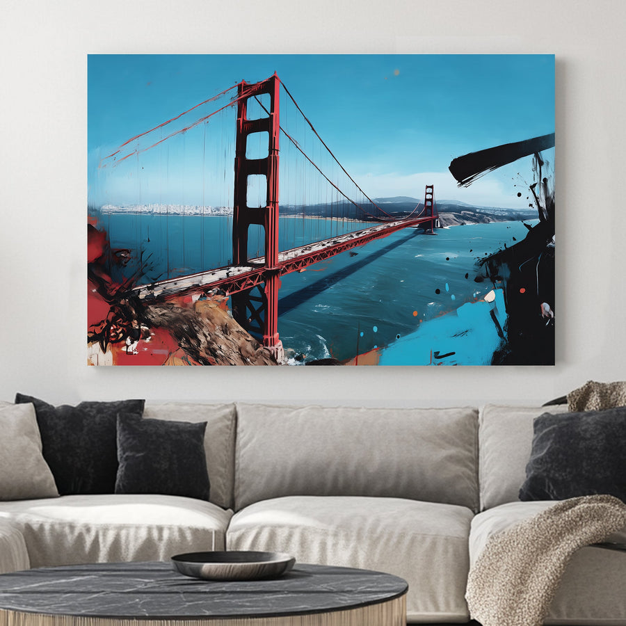 Golden Gate Bridge wall art with abstract brushstroke accents