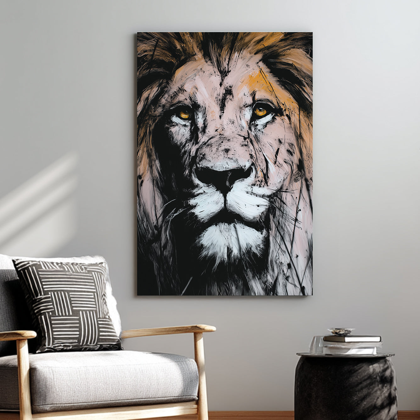lion face wall art with textured brushstrokes