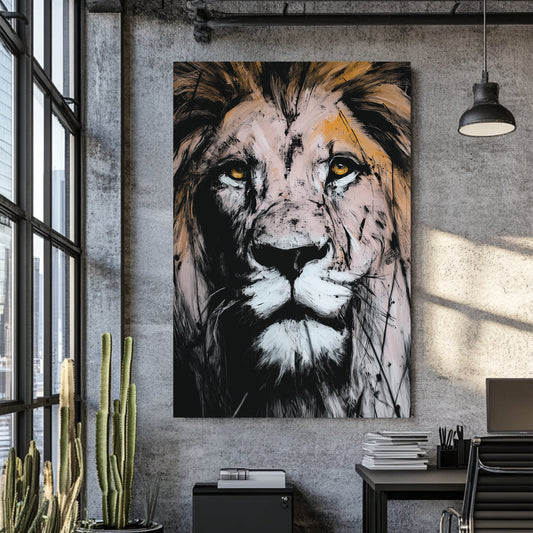 lion face wall art with textured brushstrokes