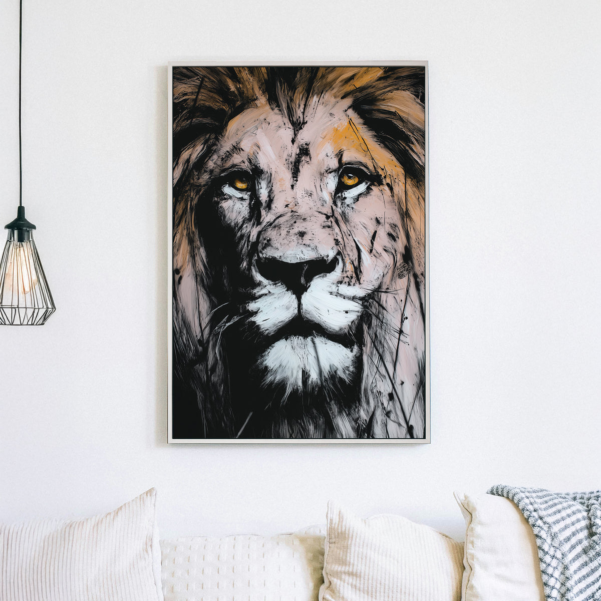 lion face wall art with textured brushstrokes