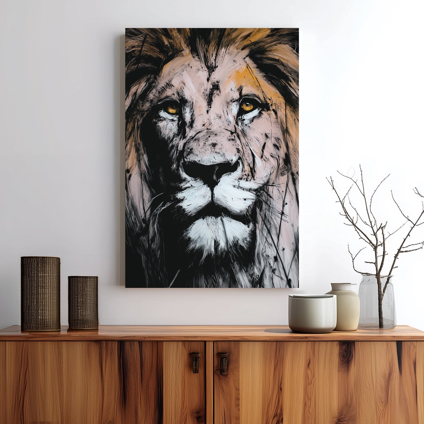 lion face wall art with textured brushstrokes