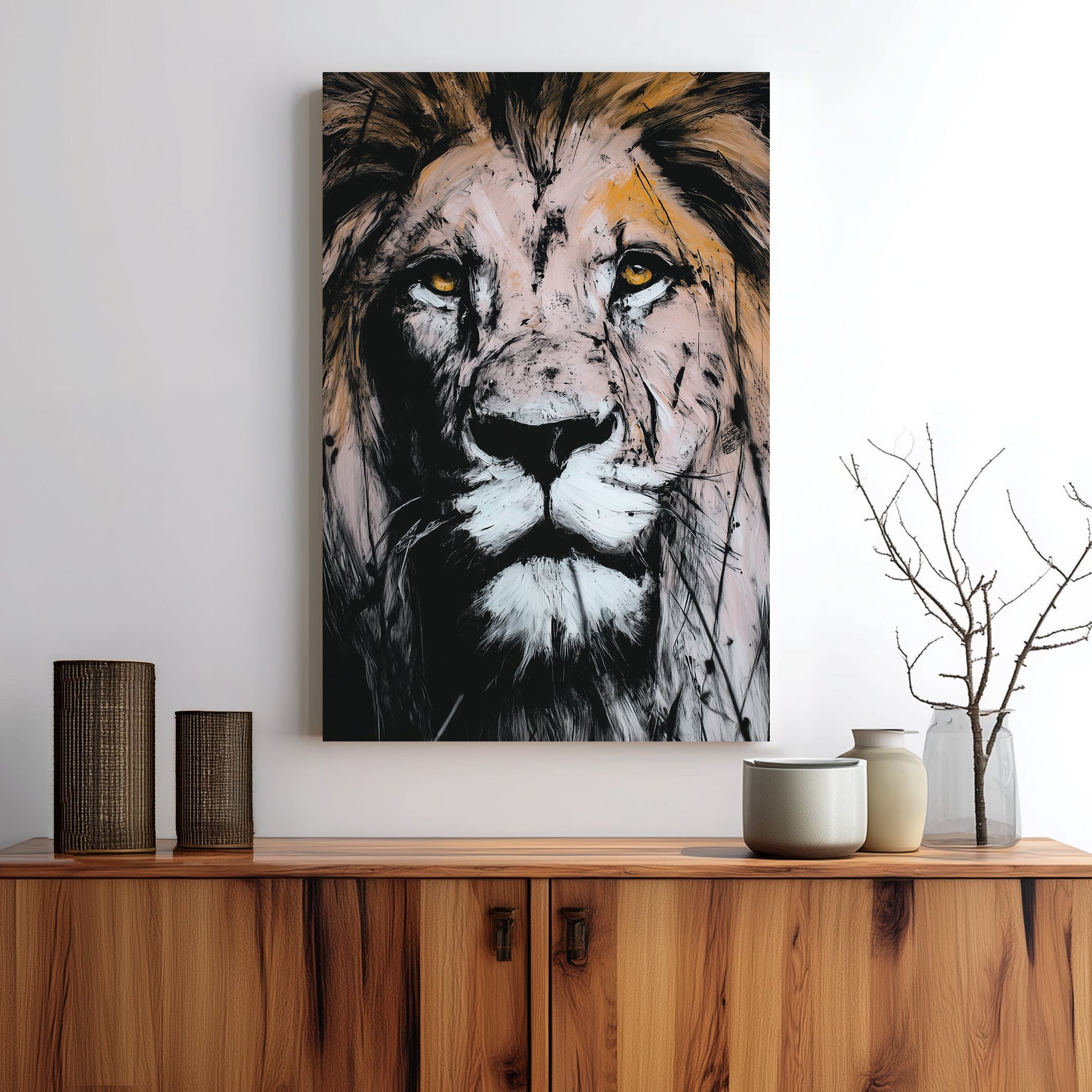lion face wall art with textured brushstrokes