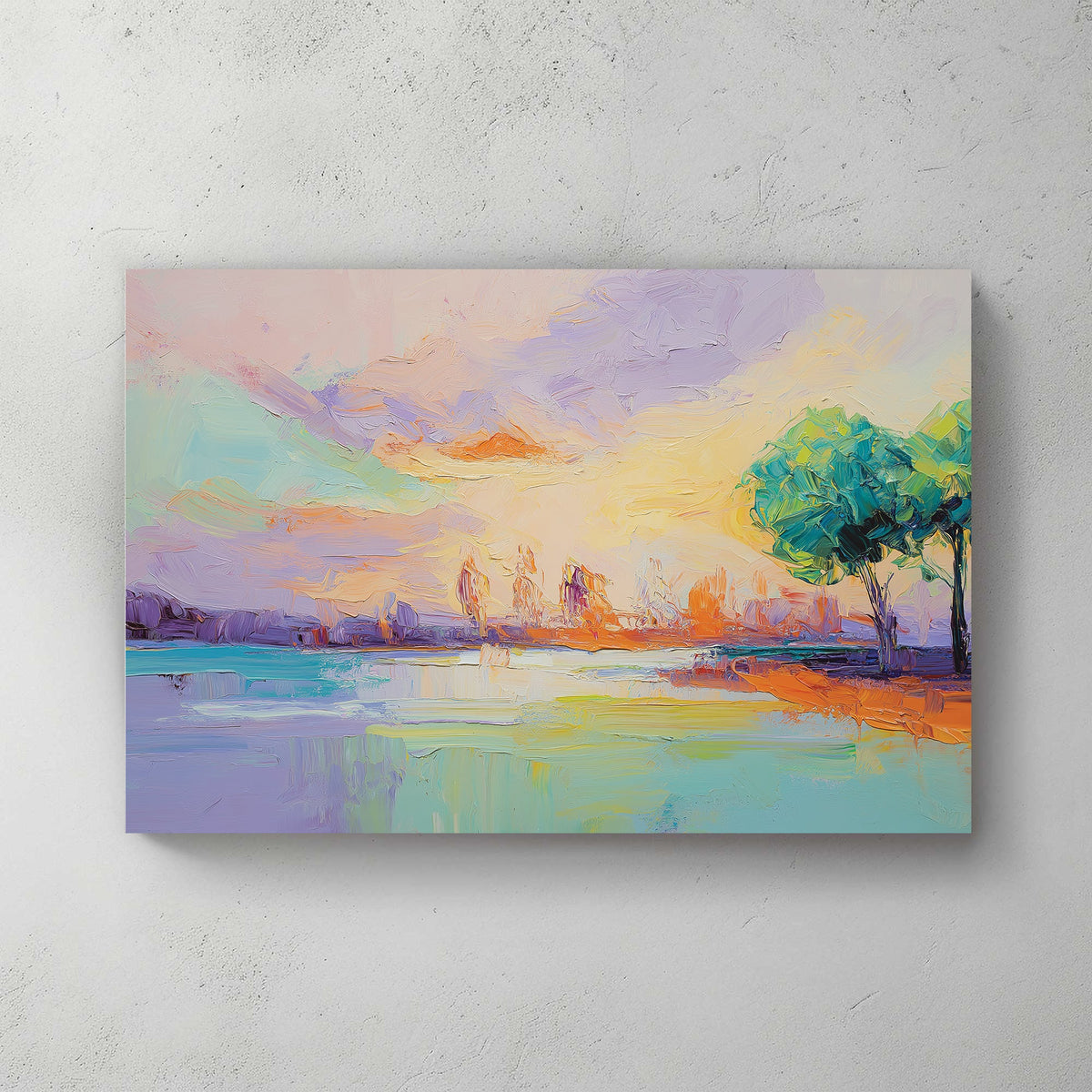vibrant pastel lake sunset wall art with trees